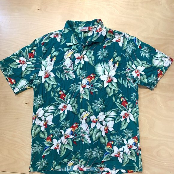 Evergreen Island Hawaiian Shirt Size L Men’s Button Up Green Cockatoos & Flowers - Picture 3 of 7